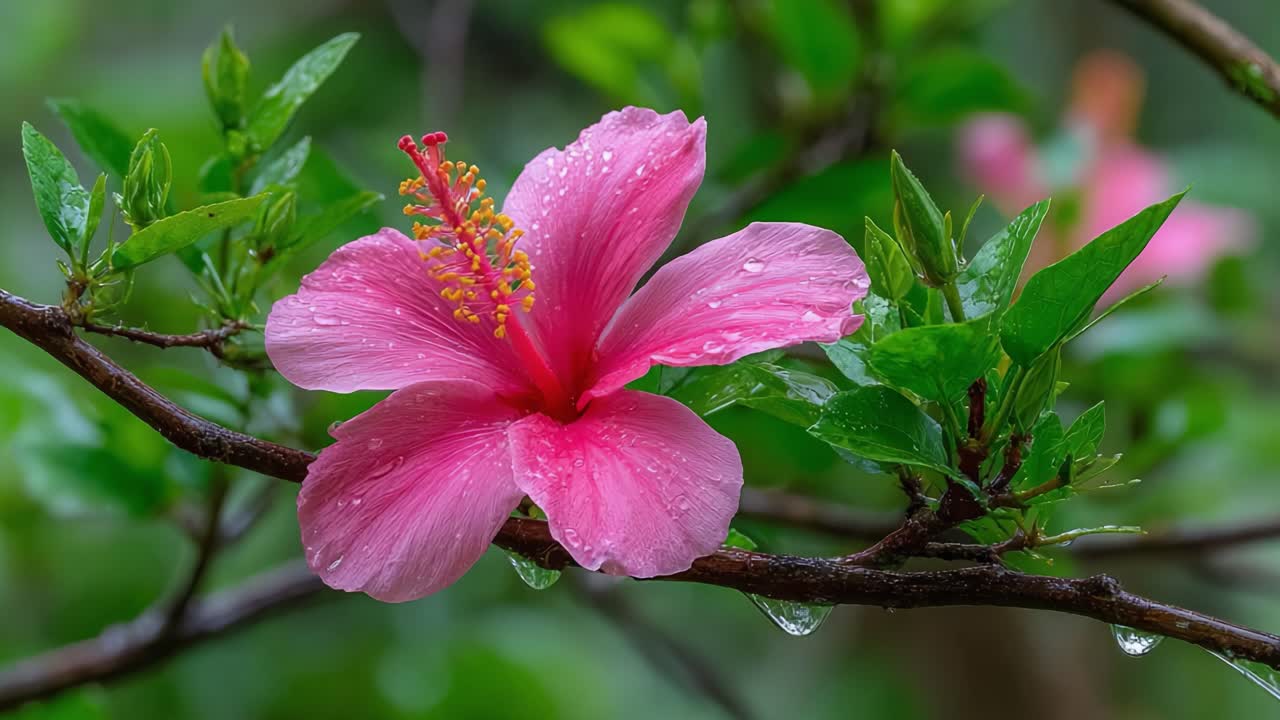 Una magnifica vista ravvicinata di un fiore di ibisco rosa adornato di gocce di pioggia, che mette in risalto i suoi colori vivaci e i dettagli intricati su uno sfondo verde lussureggiante