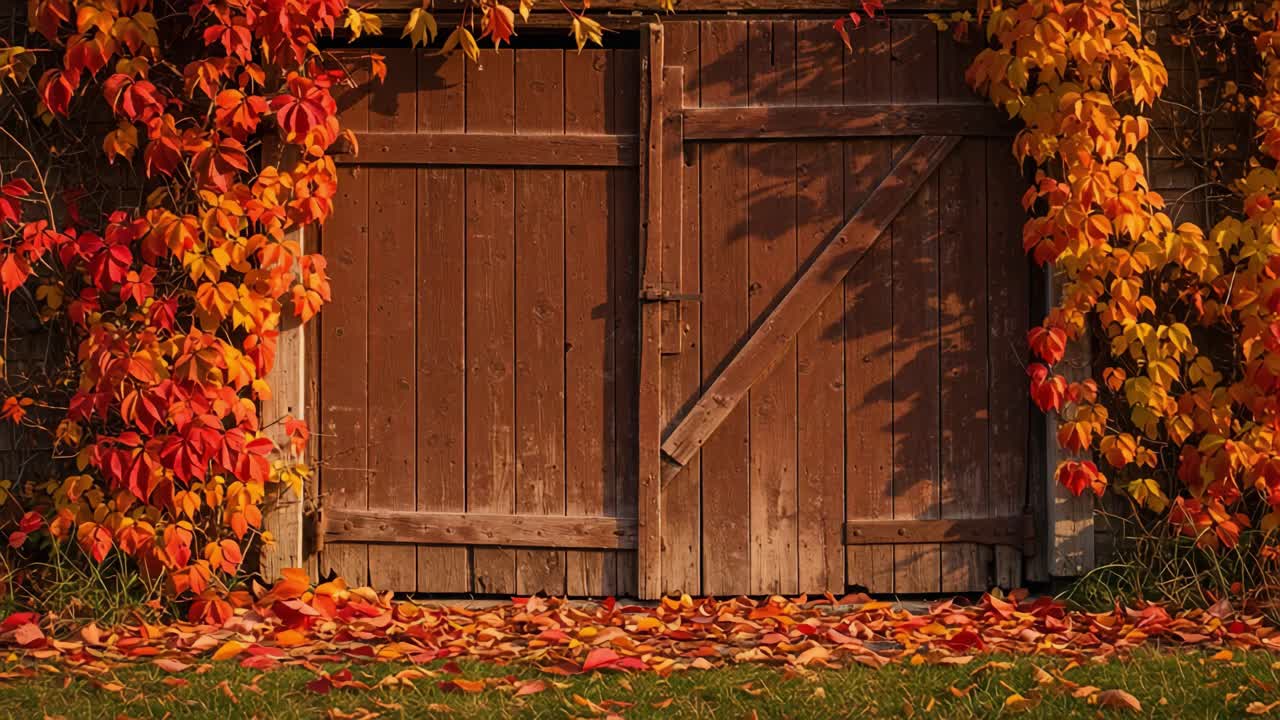 An Enchanting Autumn Scene Featuring a Rustic Wooden Gate Surrounded by Vibrant Fall Foliage in Shades of Red, Orange, and Yellow, Creating a Captivating Seasonal Frame