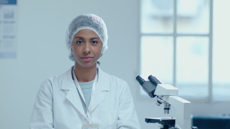 Portrait of African-American Female Scientist with Microscope in Laboratory