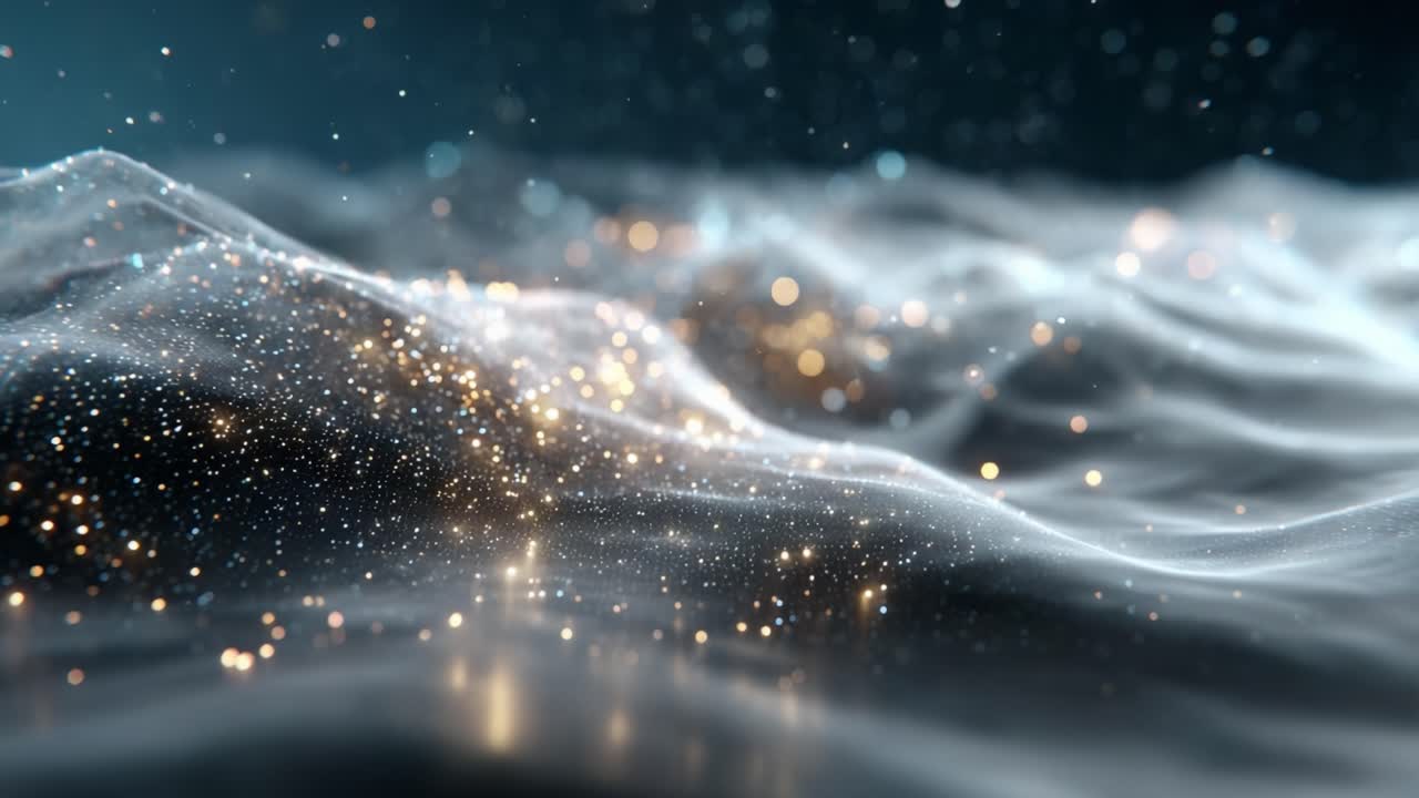 Un panorama affascinante di onde illuminate, che mostra particelle scintillanti e texture delicate che evocano un senso di tranquillità e meraviglia visiva in un'atmosfera mistica