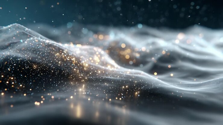 Un panorama affascinante di onde illuminate, che mostra particelle scintillanti e texture delicate che evocano un senso di tranquillità e meraviglia visiva in un'atmosfera mistica