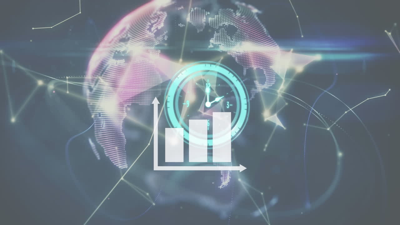 지구상에서 빠르게 움직이는 시계의 애니메이션, 통계 및 연결 네트워크