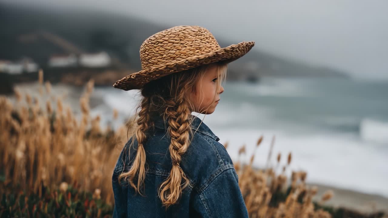 A Young Girl in a Straw Hat Contemplating the Ocean's Beauty Amidst Coastal Scenery in a Mysterious, Foggy Atmosphere