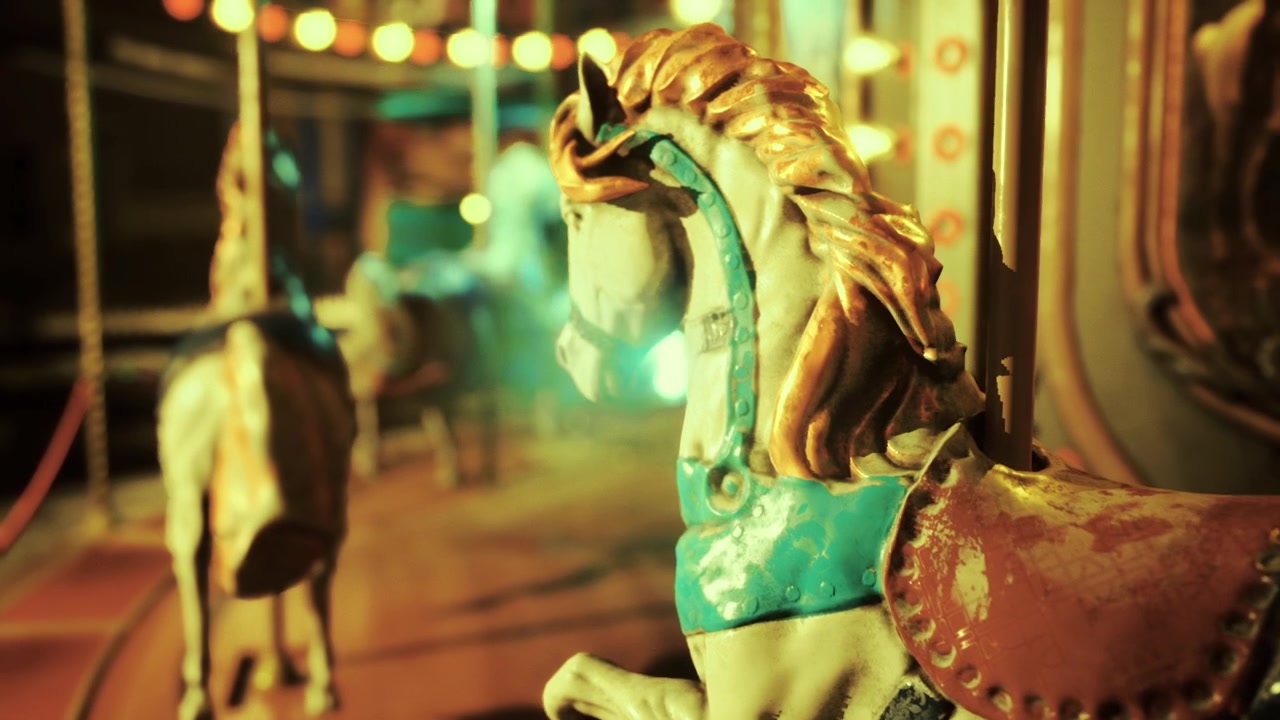 Beautifully crafted carousel horse illuminated with nostalgic vintage light