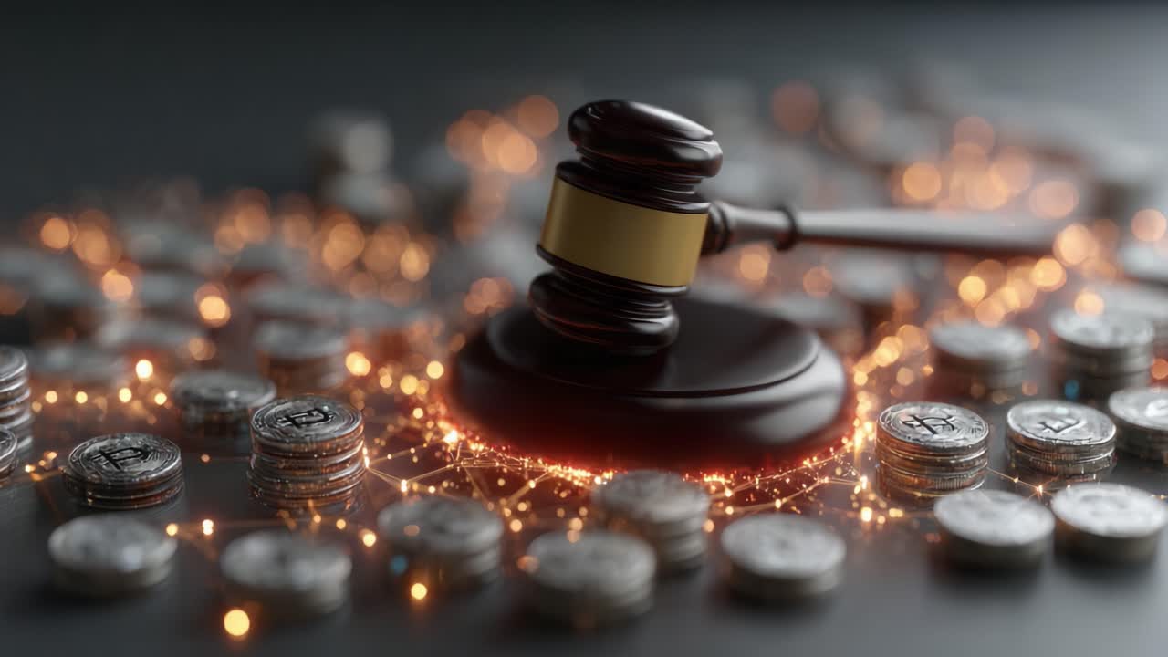 A Gavel Positioned Over a Bed of Coins Illuminated by Glowing Sparkles, Symbolizing the Intersection of Law and Finances in Modern Society