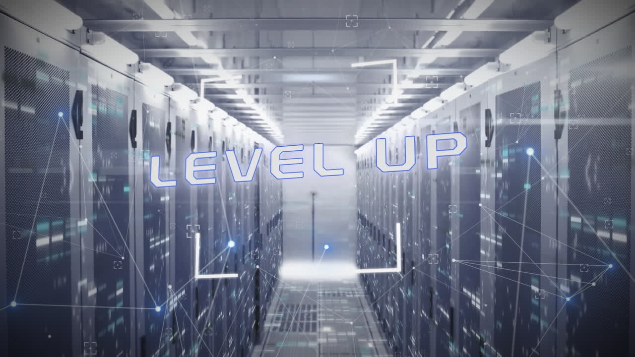 animación de escaneo de alcance sobre el nivel de texto y cuadrados de mosaico contra la sala de servidor de computadora