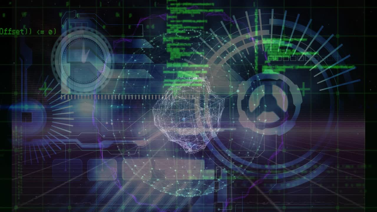 animación del procesamiento de datos sobre el globo y el reloj en movimiento sobre fondo negro