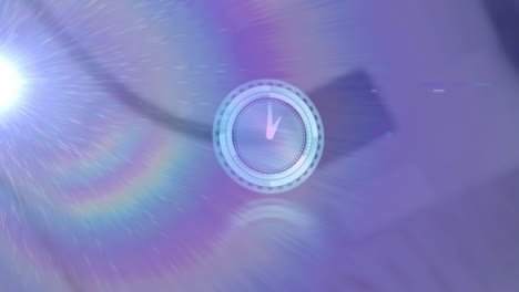 animation of rotating safe lock with clock over light trail on blurred background