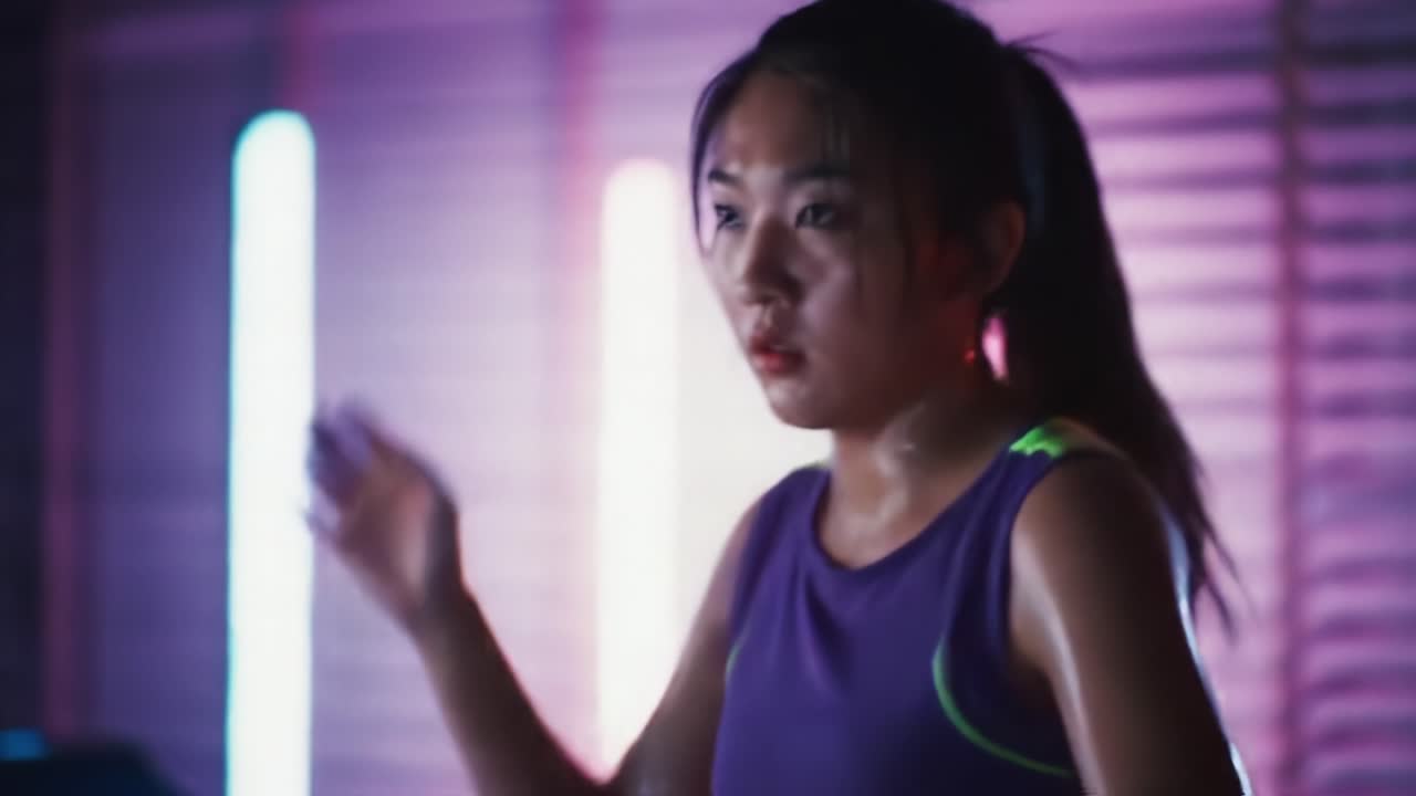 A Determined Young Athlete Engaging in Intense Training Under Vivid Neon Lights, Showcasing Focus and Dedication in Every Movement