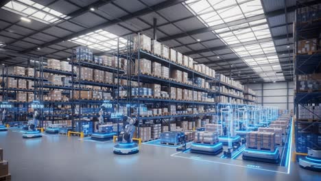 a high-tech warehouse featuring automated robotics for efficient storage and retrieval of goods in a modern distribution center
