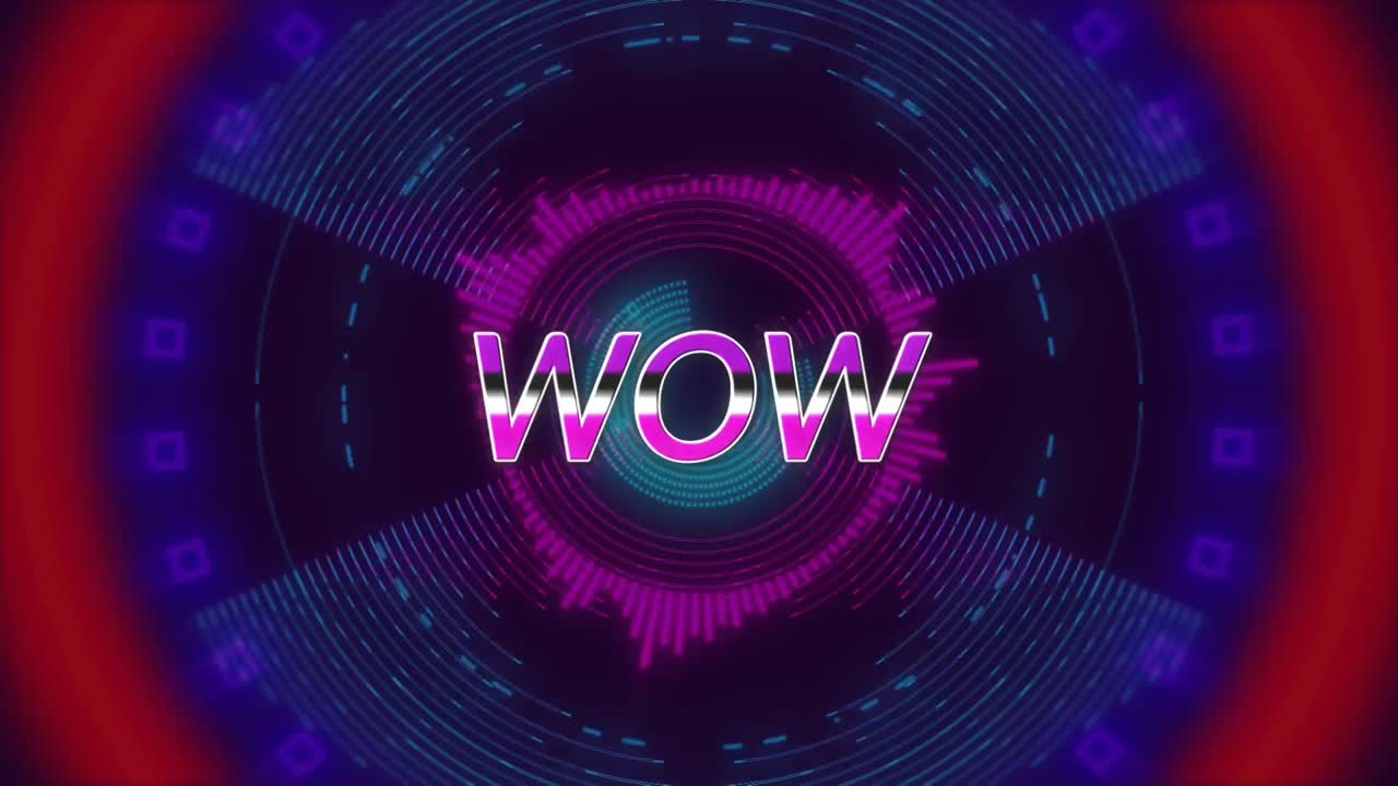 Animation of wow text over moving colorful circles shapes on dark background