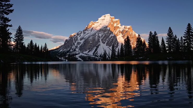 Un sereno paesaggio montano al tramonto, che si riflette in un lago calmo. Acquisito da una angolazione bassa, perfetto