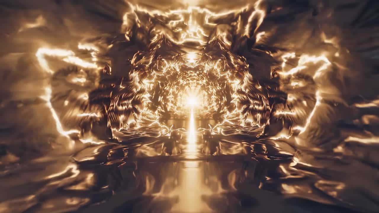 Abstract video with a tunnel of golden light, viewed from a central angle