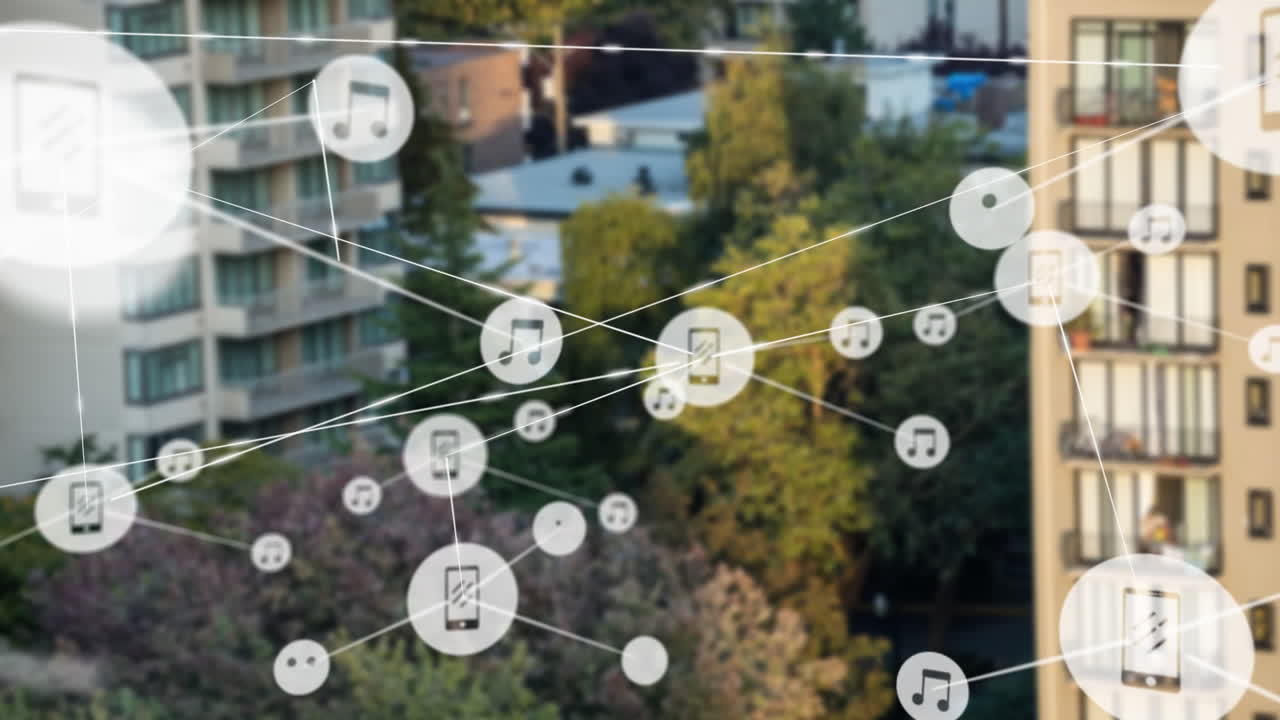 도시 풍경 위의 아이콘으로 연결된 네트워크의 애니메이션