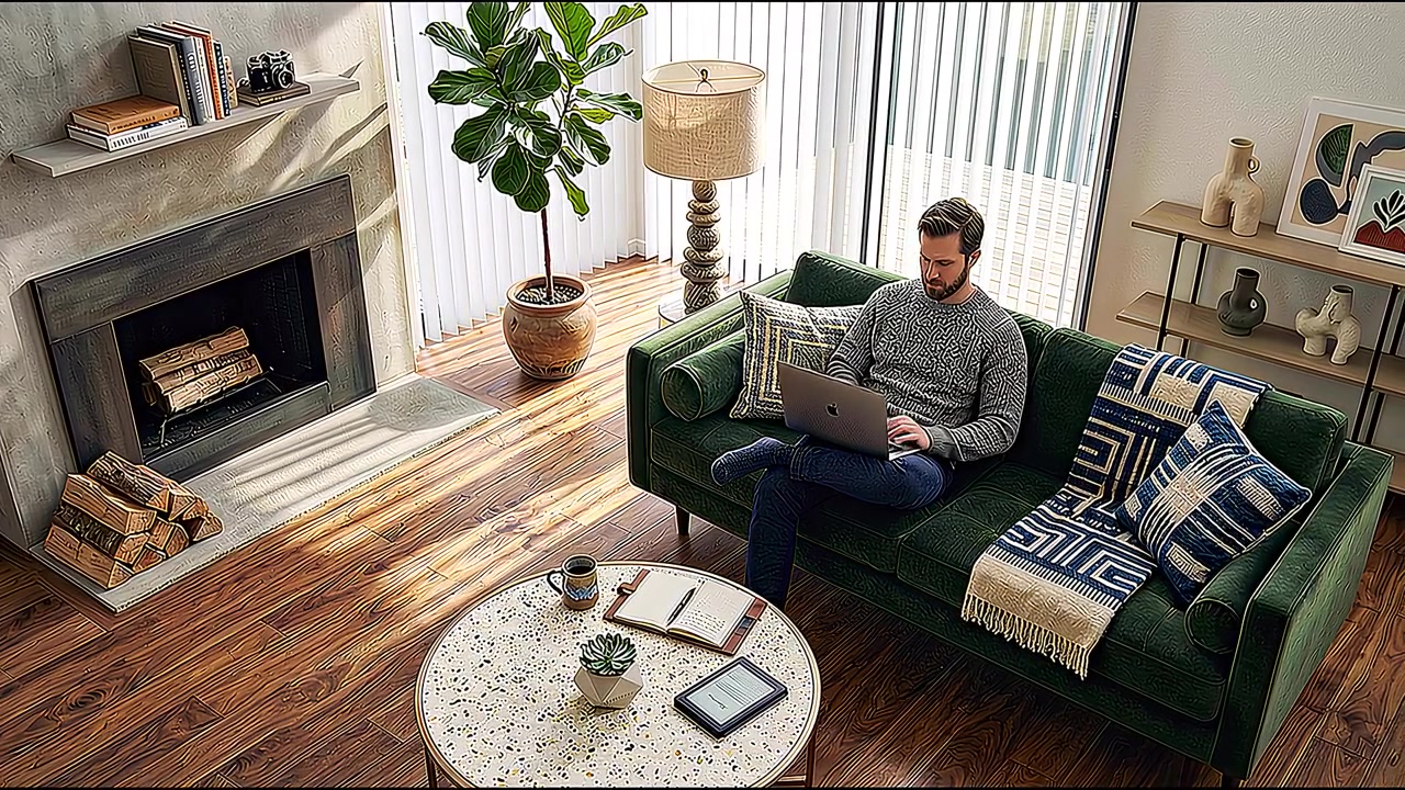 Freelancer typing on laptop while relaxing in cozy modern living room with natural sunlight