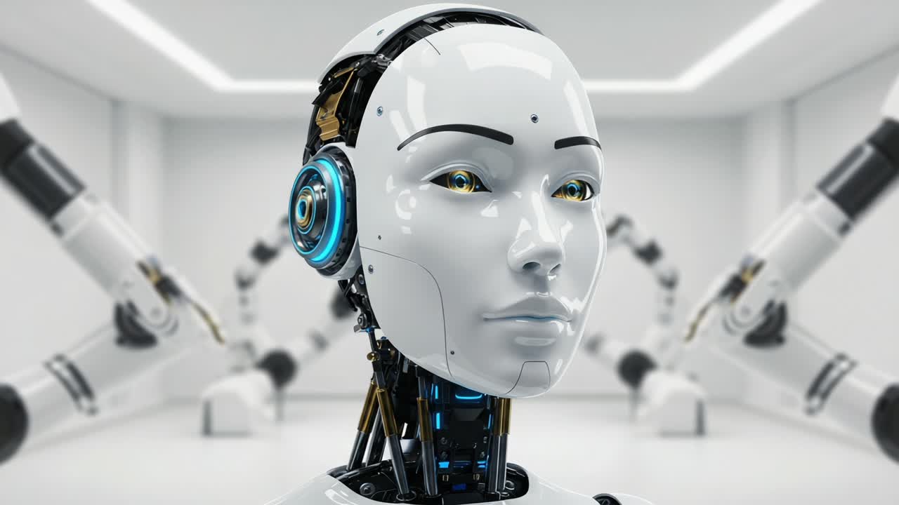 A Futuristic Humanoid Robot with Advanced Technology Features and a Sleek Design, Captured in a Modern Robotic Laboratory Setting