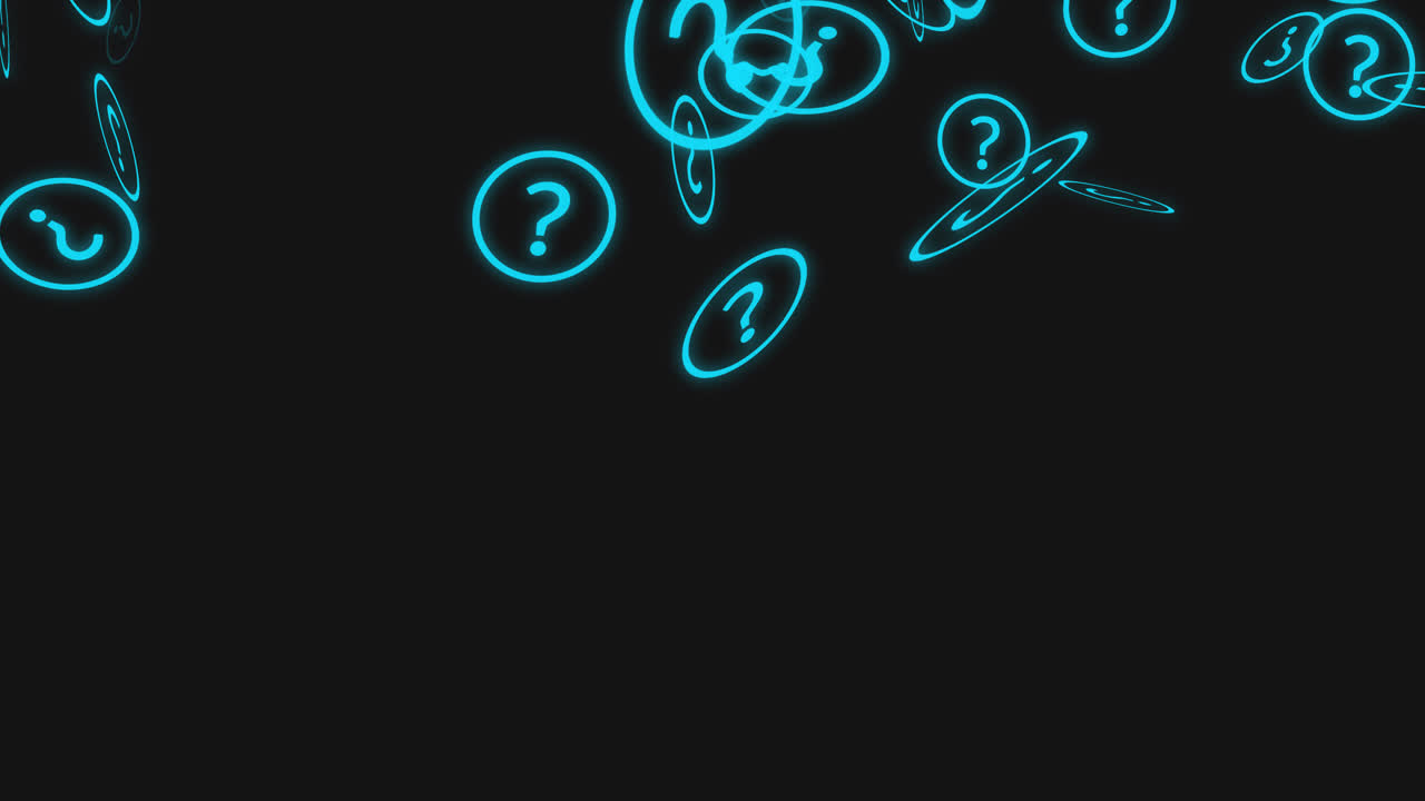 Blue Glowing Question Marks Falling on Black Background