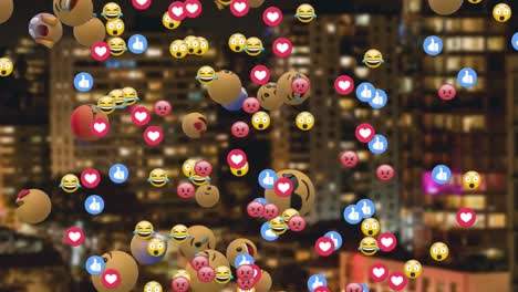 Animation-of-multiple-emojis-over-cityscape