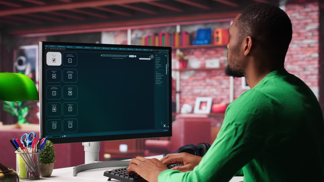 Vertical Video Black graphic designer working in loft with AI image generator