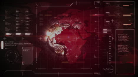 animación de la interfaz con procesamiento de datos sobre un globo giratorio contra un fondo rojo