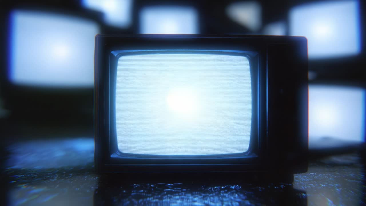 Uno schermo televisivo vintage affascinante che mostra interferenze statiche immerso in una foschia digitale, a simboleggiare lo scontro tra tecnologia retrò e immagini moderne.