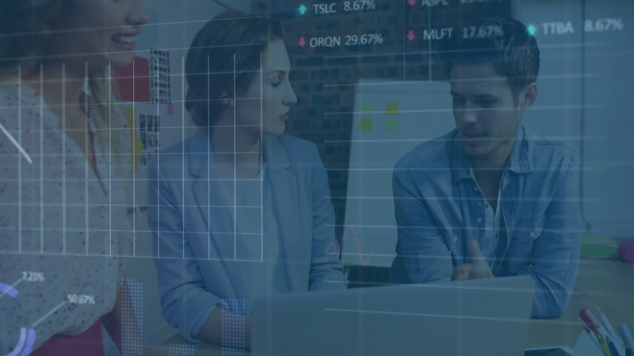Business professionals discussing data analysis with stock market animation overlay