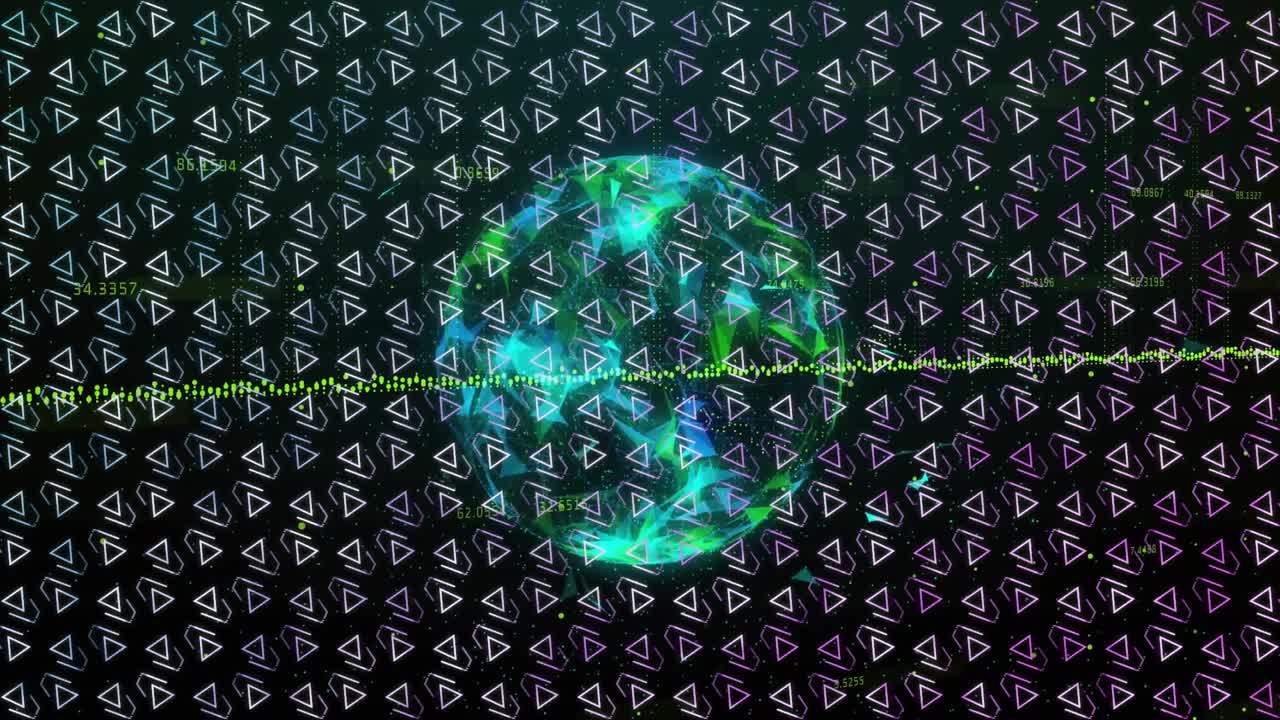 Starting triangle grid forming sphere with pulsing waveform and floating numbers visualizing data