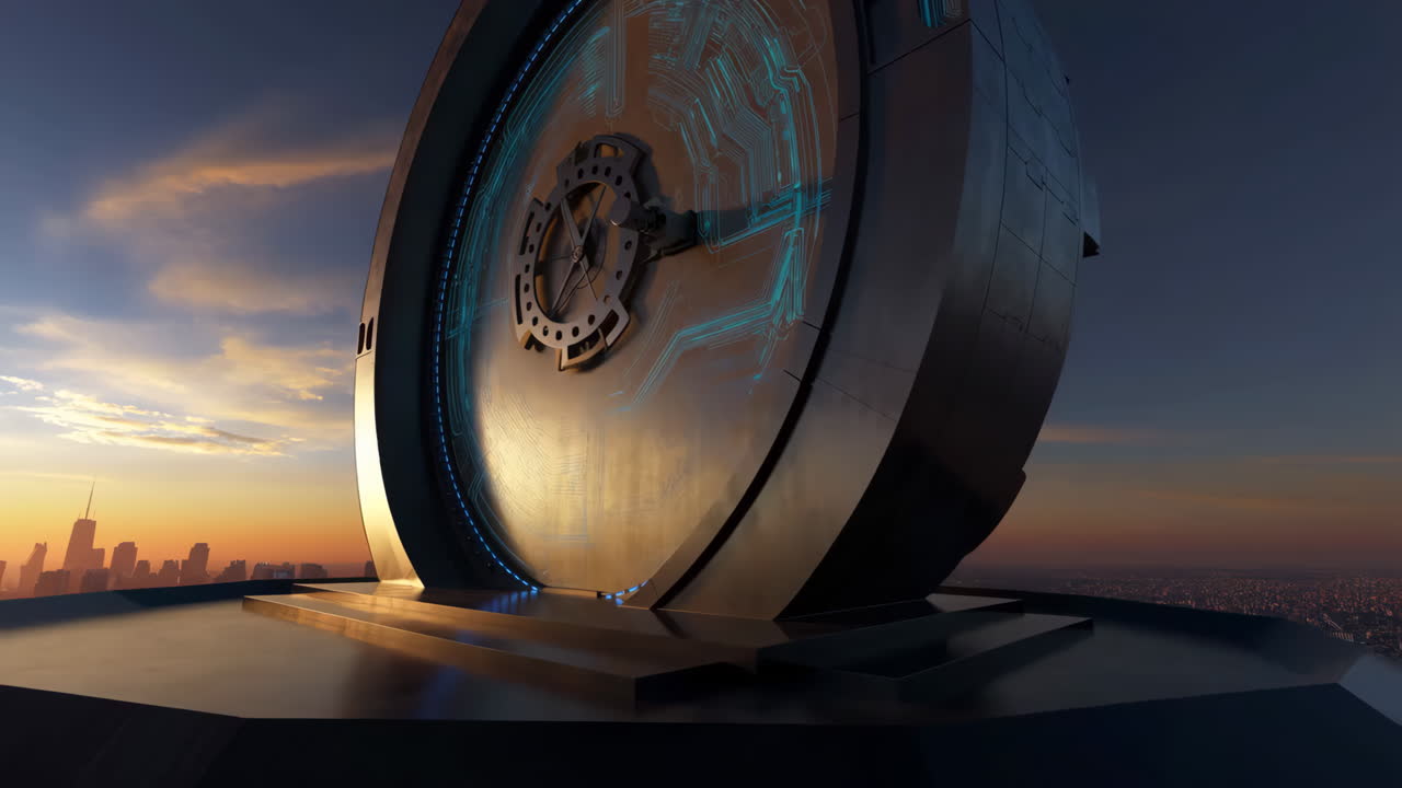 Futuristic Sci-Fi Vault Overlooking a City Skyline at Sunset