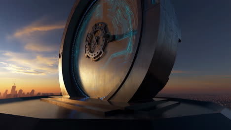futuristic sci-fi vault overlooking a city skyline at sunset