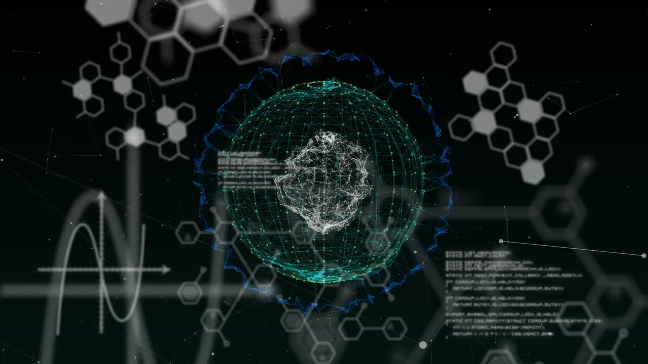 블랙 배경에 있는 지구와 과학 데이터 처리의 애니메이션