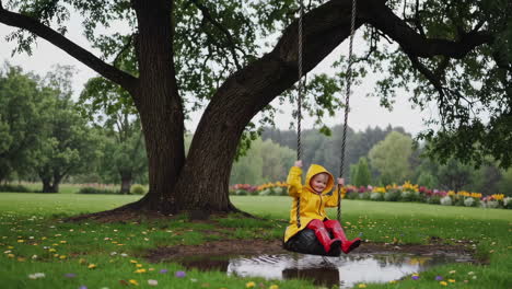 child in yellow raincoat splashing in puddle on tire swing