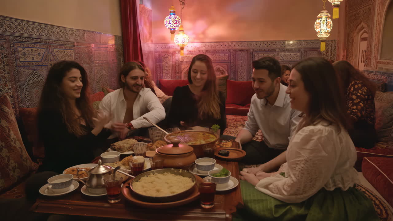 Friends Enjoying a Traditional Moroccan Meal in a Cozy Restaurant