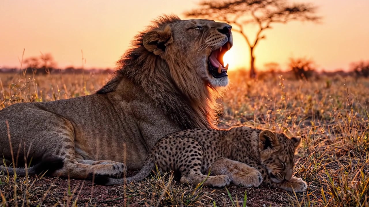Leone maestoso e il suo cucciolo giocoso che riposano insieme nella luce dorata dell'alba, mostrando un legame commovente nella savana africana al tramonto