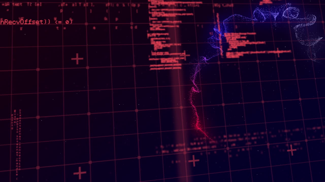 Animation of data processing in red on black background with blue lights