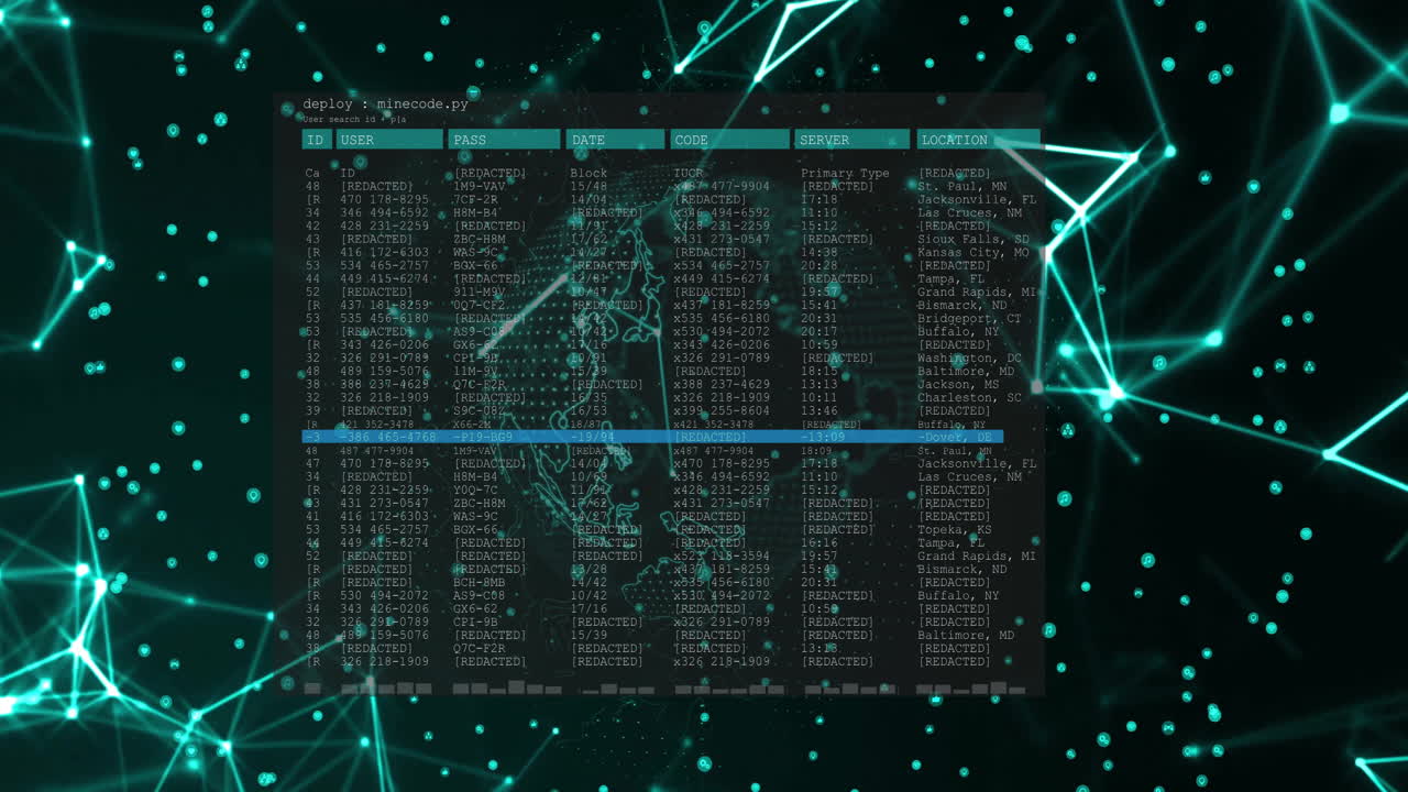 Digital data processing animation over futuristic network and geometric shapes