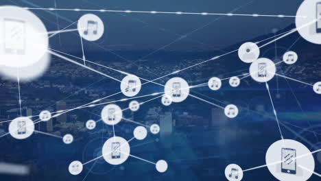 Animation-of-network-of-connections-with-devices-icons-over-cityscape