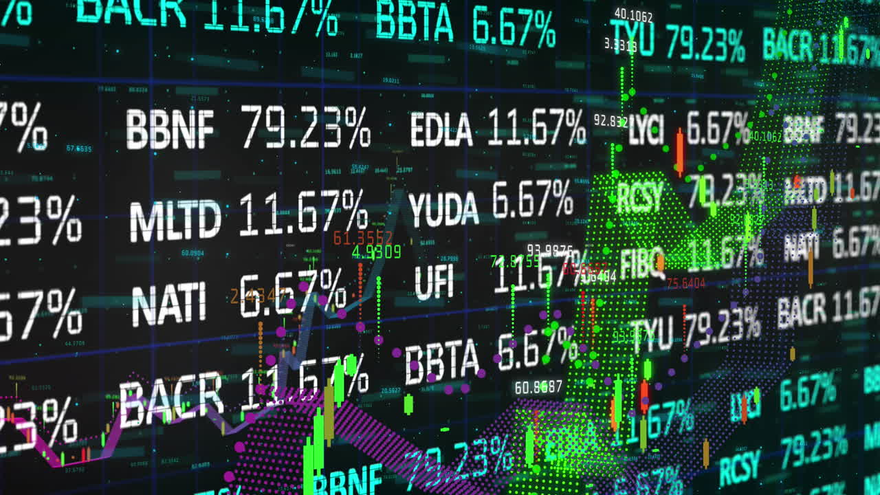 Dati del mercato azionario sugli schermi mostrano un'attività di trading dinamica