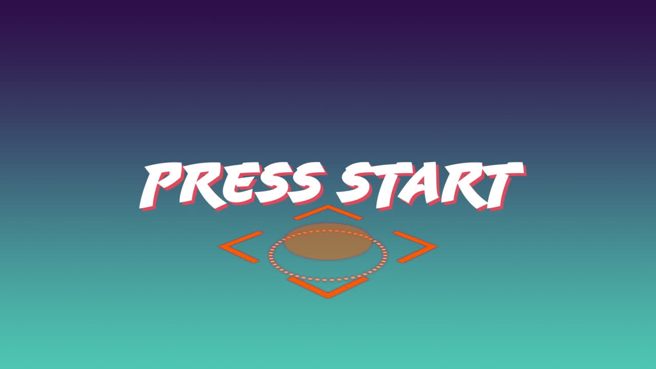 Animation of white press start text, with rotating orange scope, on graduated blue background