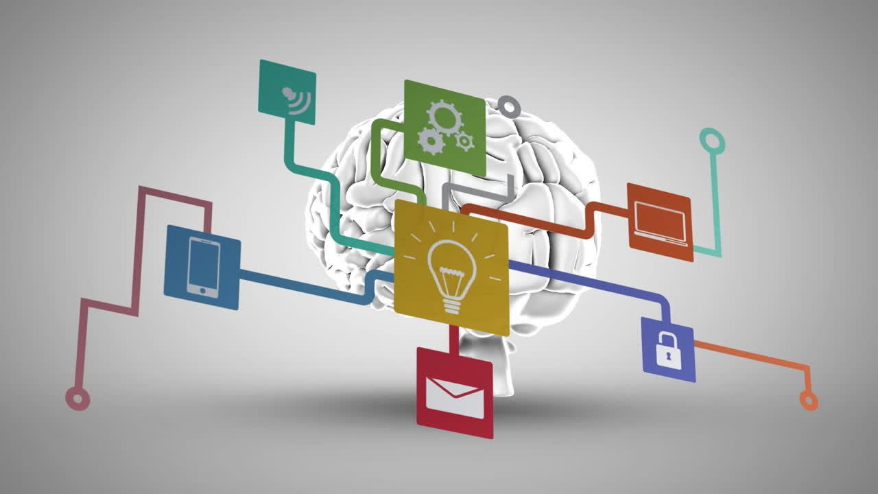 animación de un diagrama de flujo de iconos sobre el cerebro digital humano giratorio contra un fondo blanco