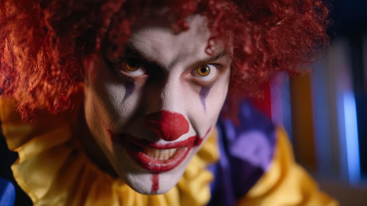 Intense Clown Portrait Captured in Two Frames: A Close-Up of a Menacing Clown with Vibrant Makeup and Flamboyant Costume, Evoking an Eerie Sensation