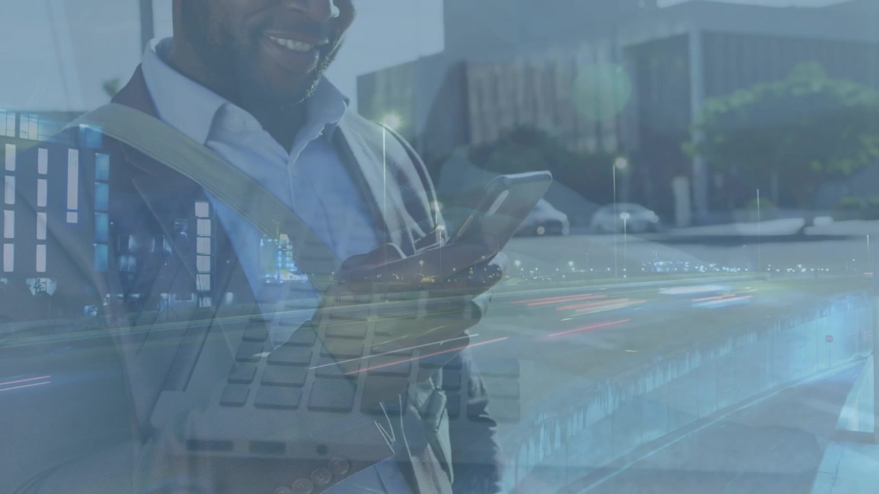 Animation of data processing over african american men using smartphone