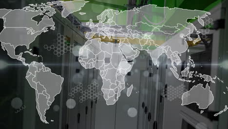 Animation-of-lens-flares-over-circuit-board-pattern-on-map-against-server-room-in-background