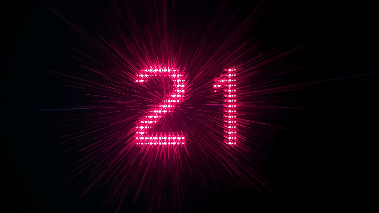 Displaying magenta LED digits 21 pulsing from lens diffraction in dark room, with shifting flare
