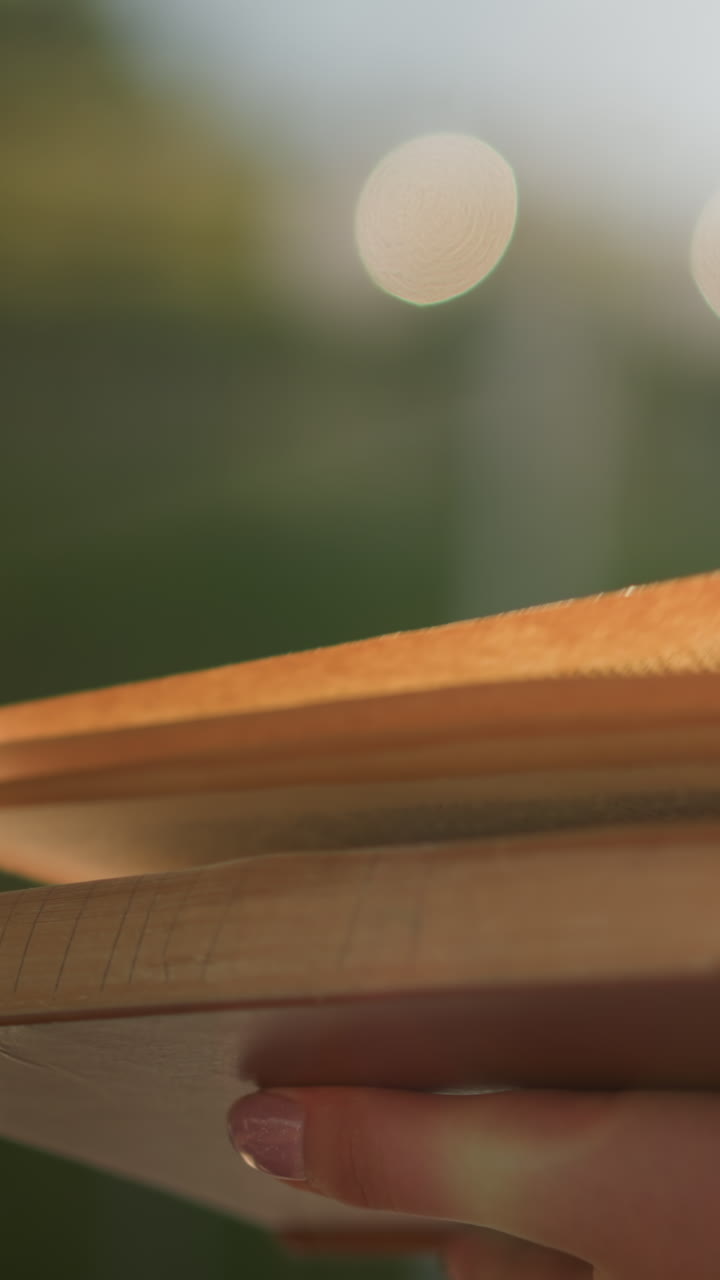 개인이 책을 들고 있는 클로즈업, 빛이 사람에 반사되면서 페이지를 뒤집는, 흐릿한 배경은 두 개의 반이는 빛 효과를 보여줍니다.