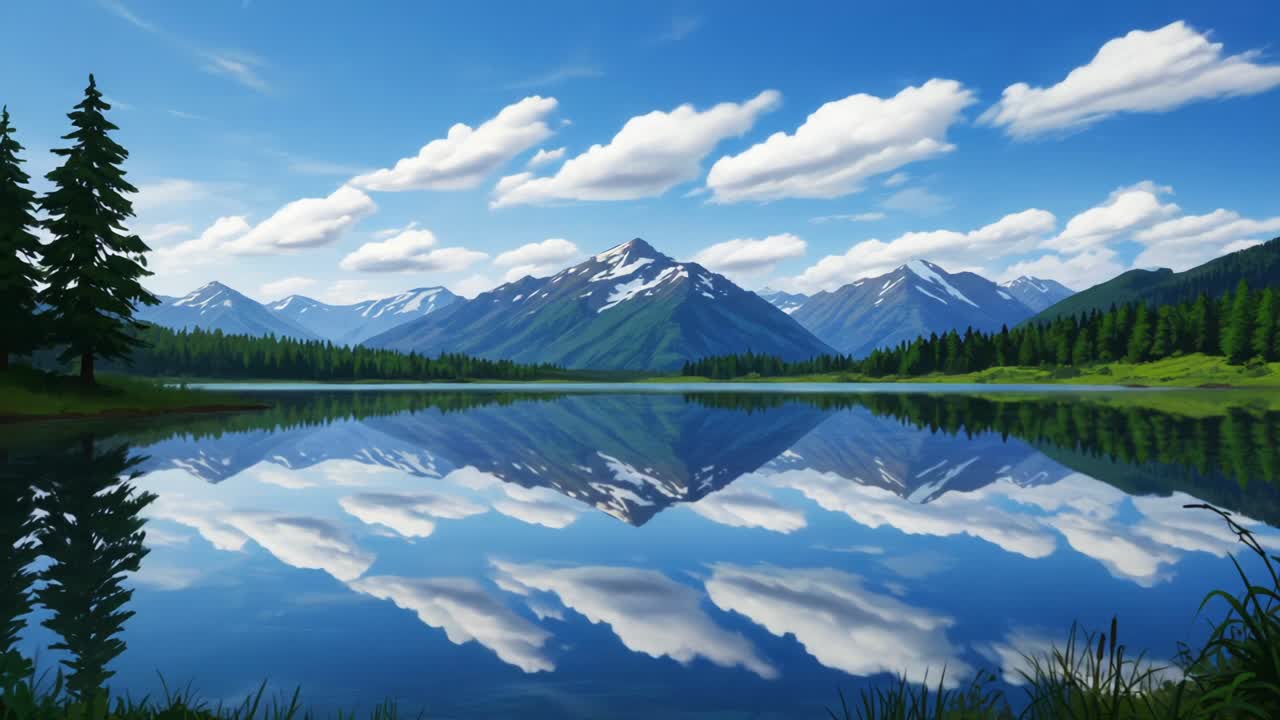 A Serene Landscape Depicting Majestic Mountains and Crystal-Clear Reflections in a Tranquil Lake Surrounded by Lush Green Forests and Bright Blue Skies