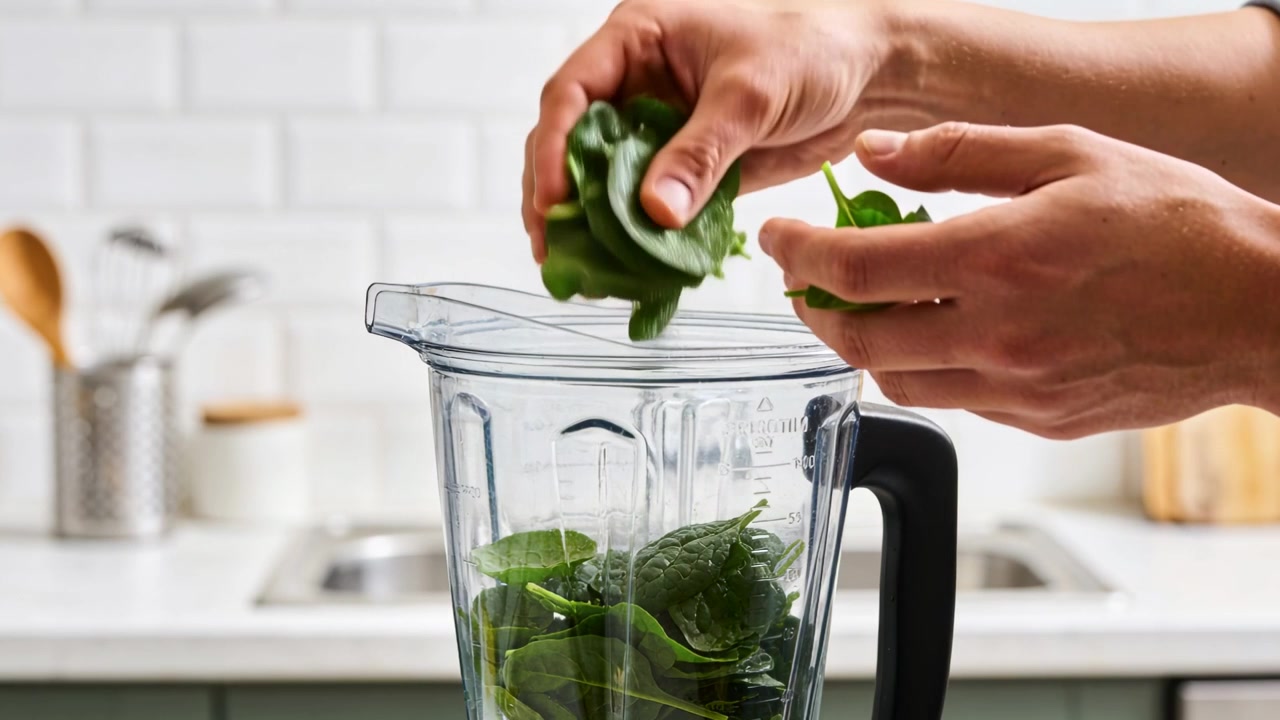 Hands entering from right adding fresh spinach into blender jar on kitchen counter, making smoothie