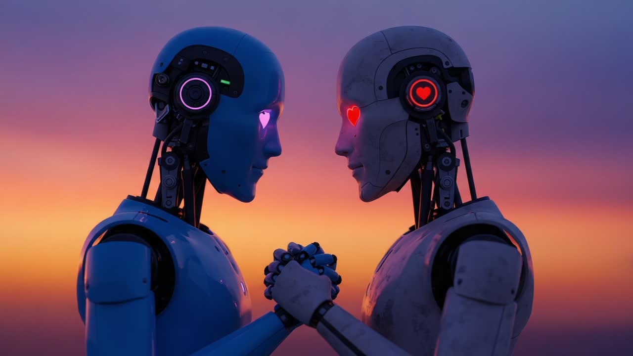 A Tender Moment Between Two Robots: Exploring Emotion and Connection Through Futuristic Design at Sunset