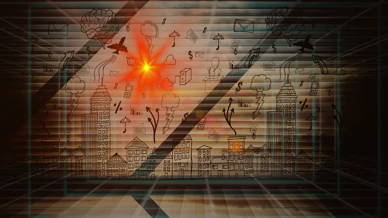 도시 풍경과 함께 창문 위에 반이는 빨간 빛의 애니메이션.