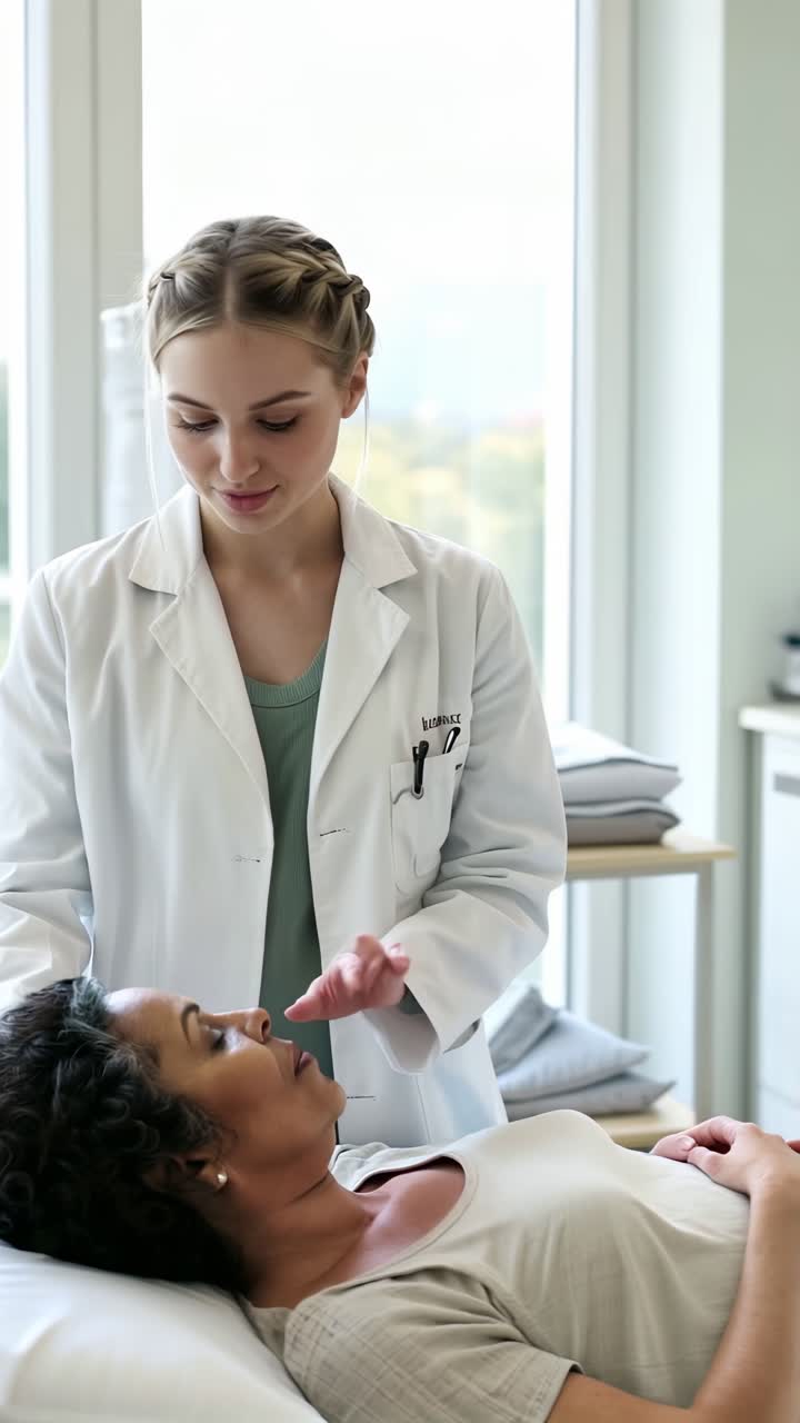 A woman is laying on a bed while a doctor examines her