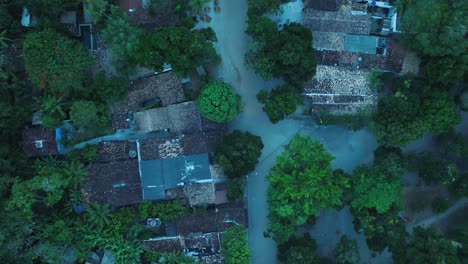 aerial top-down drone view of beach town trancoso in bahia brazil with rooftops and trees